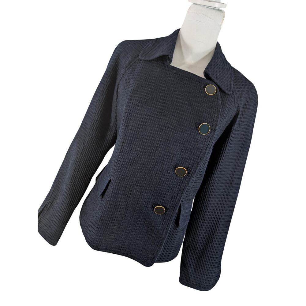 TALBOTS PETITES! NAVY BLUE WAFFLED, GOLD/BLACK ENAMEL/METAL BUTTON JACKET! 14P